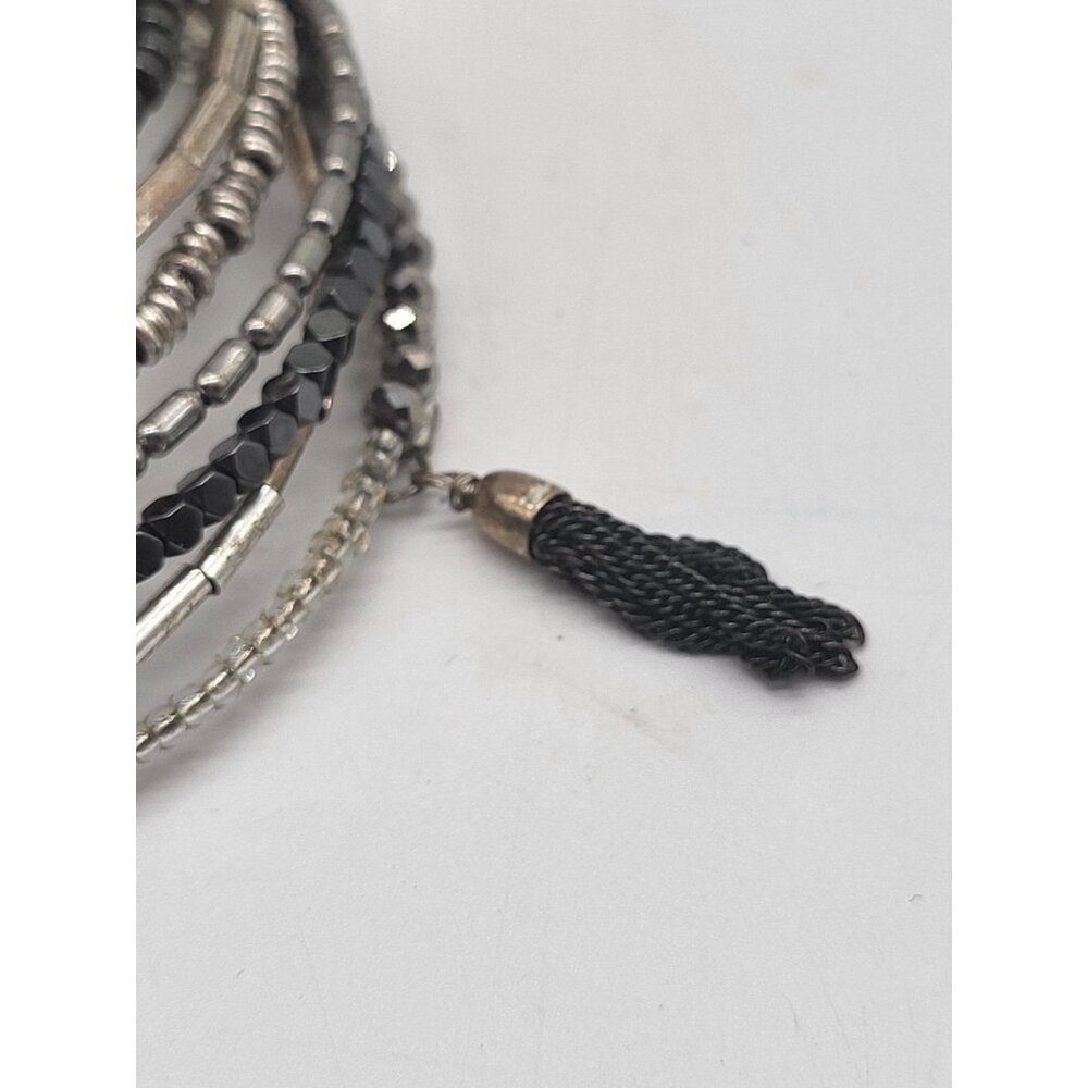 Stella & Dot Celine Silver Beaded Coil Wrap Bracelet Bling with Tassels Hematite - Picture 5 of 8